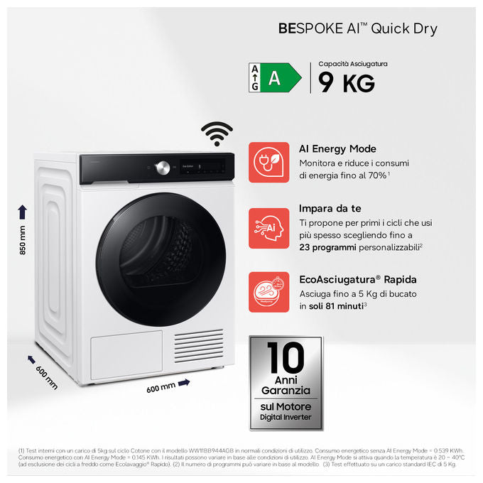 Samsung DV90DB7845GE Bespoke AI Asciugatrice Pompa di Calore 9 Kg Classe A Wi-Fi AI Dry+ (85x60x60 cm) colore Bianco