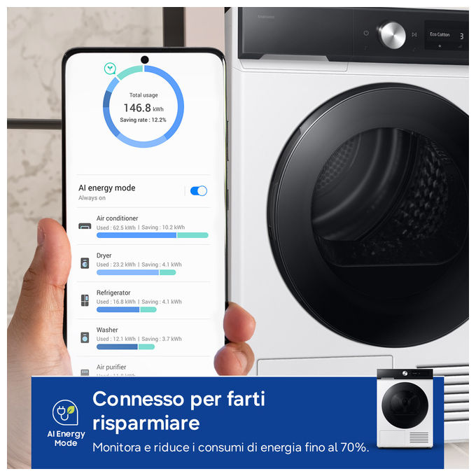Samsung DV90DB7845GE Bespoke AI Asciugatrice Pompa di Calore 9 Kg Classe A Wi-Fi AI Dry+ (85x60x60 cm) colore Bianco