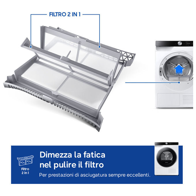 Samsung DV90DG6845LKU3 Serie 6 Asciugatrice Pompa di Calore 9 Kg Classe A AI Control Wi-Fi OptimalDry (85x60x60 cm) colore Bianco