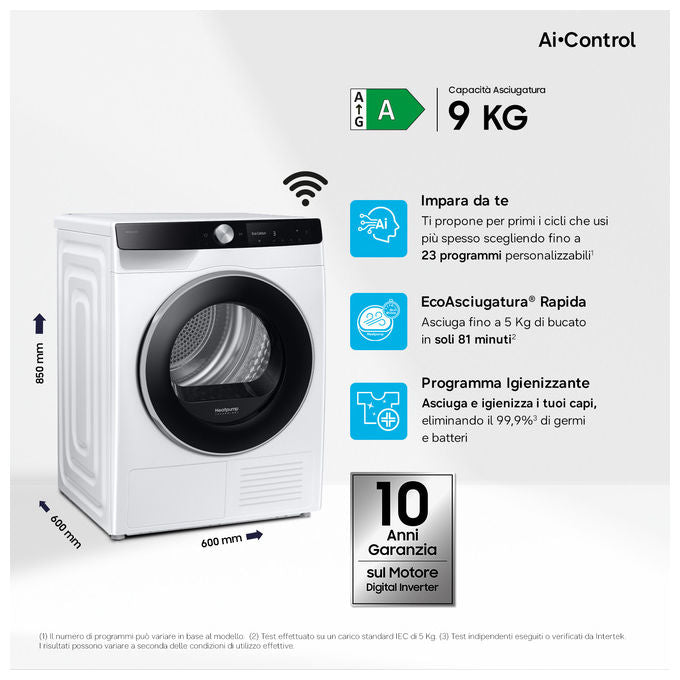 Samsung DV90DG6845LKU3 Serie 6 Asciugatrice Pompa di Calore 9 Kg Classe A AI Control Wi-Fi OptimalDry (85x60x60 cm) colore Bianco