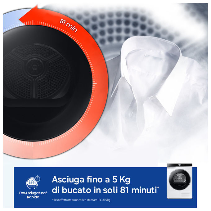 Samsung DV90DG6845LKU3 Serie 6 Asciugatrice Pompa di Calore 9 Kg Classe A AI Control Wi-Fi OptimalDry (85x60x60 cm) colore Bianco