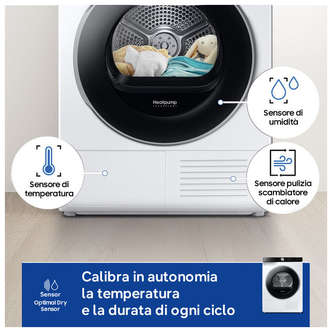 Samsung DV90DG6845LKU3 Serie 6 Asciugatrice Pompa di Calore 9 Kg Classe A AI Control Wi-Fi OptimalDry (85x60x60 cm) colore Bianco