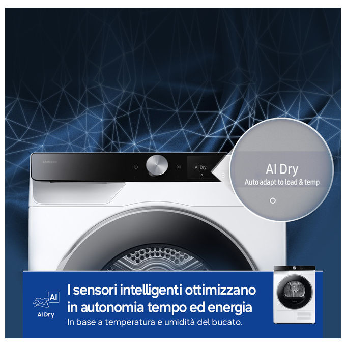 Samsung DV90DG6845LKU3 Serie 6 Asciugatrice Pompa di Calore 9 Kg Classe A AI Control Wi-Fi OptimalDry (85x60x60 cm) colore Bianco