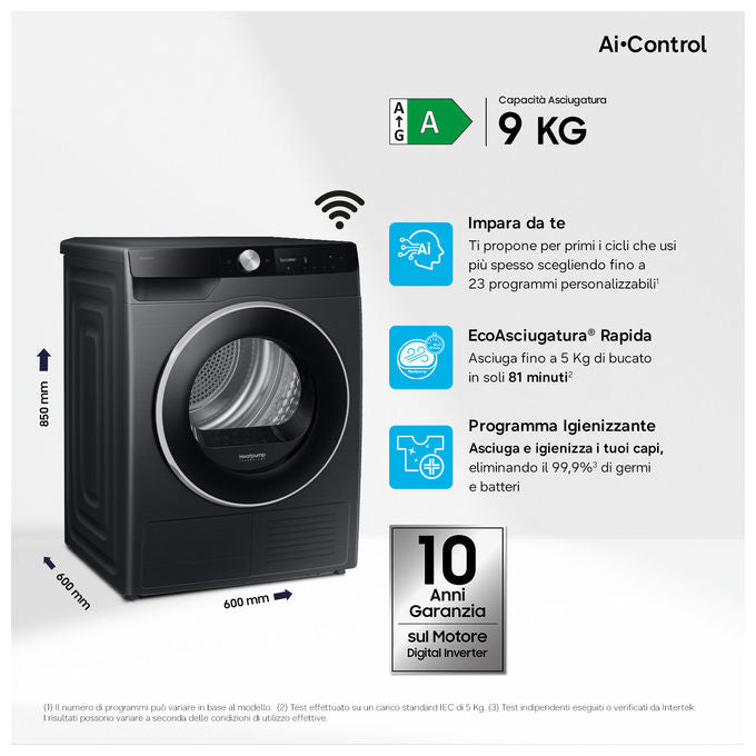 Samsung DV90DG6845LB Series 6 Asciugatrice Pompa di Calore 9 Kg Classe A Wi-Fi SmartThings Super Speed (85x60x60 cm) colore Nero