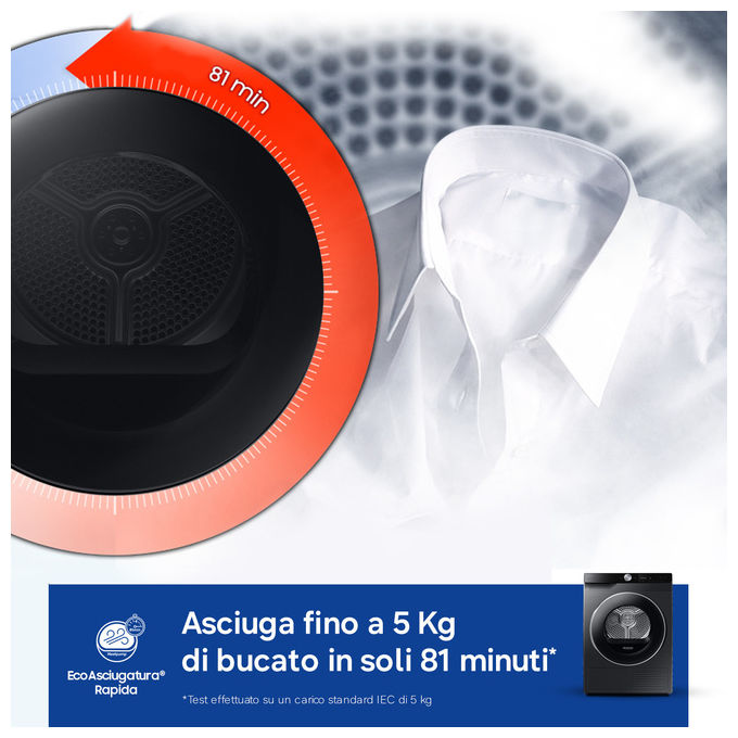 Samsung DV90DG6845LB Series 6 Asciugatrice Pompa di Calore 9 Kg Classe A Wi-Fi SmartThings Super Speed (85x60x60 cm) colore Nero