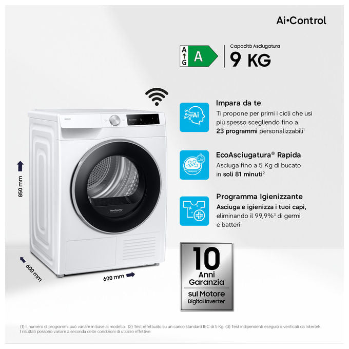 Samsung DV90DG6845LE Series 6 Asciugatrice Pompa di Calore 9 Kg Classe A WiFi OptimalDry AI Dry+ (85x60x60 cm) colore Bianco