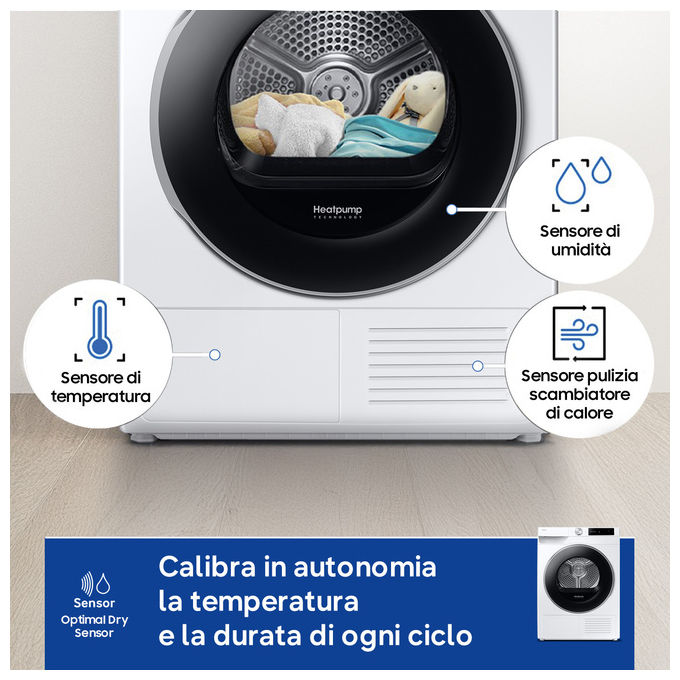 Samsung DV90DG6845LE Series 6 Asciugatrice Pompa di Calore 9 Kg Classe A WiFi OptimalDry AI Dry+ (85x60x60 cm) colore Bianco