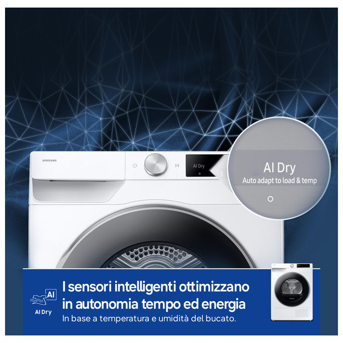 Samsung DV90DG6845LE Series 6 Asciugatrice Pompa di Calore 9 Kg Classe A WiFi OptimalDry AI Dry+ (85x60x60 cm) colore Bianco