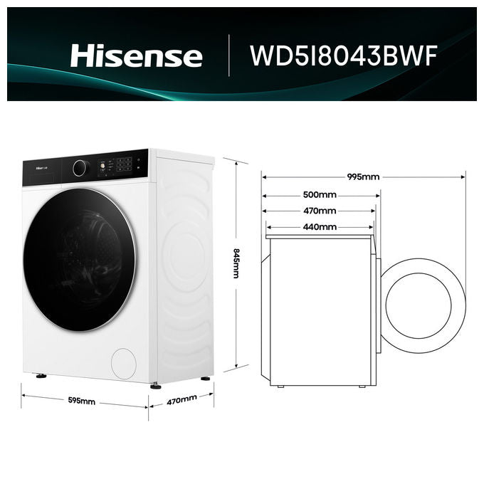 Hisense WD5I8043BWF Lavasciuga Frontale 8-5 Kg 1400 rpm Classe A-D WiFi Vapore (84.5x59.5x47 cm) colore Bianco