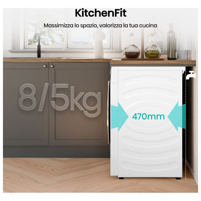 Hisense WD5I8043BWF Lavasciuga Frontale 8-5 Kg 1400 rpm Classe A-D WiFi Vapore (84.5x59.5x47 cm) colore Bianco