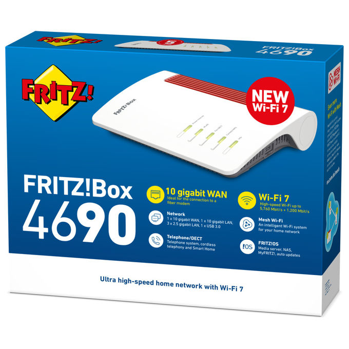 FRITZ! FRITZ!BOX 4690 EDITION INTERNATIONAL Router Wireless Wi-Fi 7 Tribanda Porta WAN 10 Gbit-s LAN Multi-Gigabit VoIP DECT Smart Home
