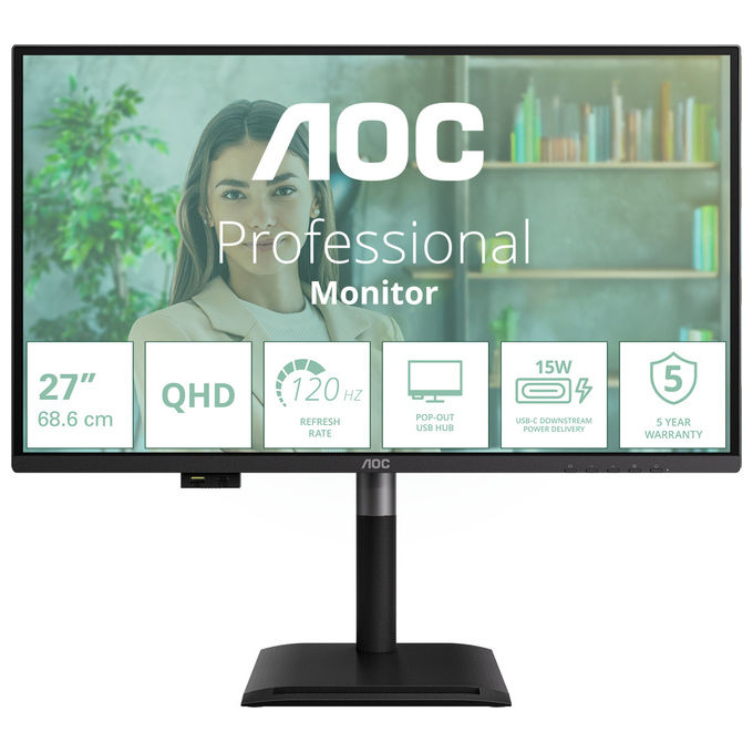 AOC Q27P4U Monitor PC 27'' QHD 2560x1440 IPS 120Hz Hub USB 3.2 HDMI DisplayPort colore Nero