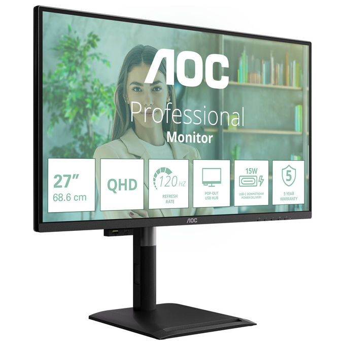AOC Q27P4U Monitor PC 27'' QHD 2560x1440 IPS 120Hz Hub USB 3.2 HDMI DisplayPort colore Nero