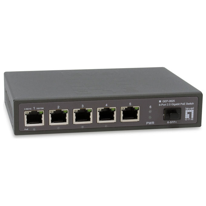 LevelOne GEP-0625 Switch Non Gestito 5 Porte 2.5G Ethernet 4 Porte PoE+ 1 Slot SFP+ 10G 35 Gbps Fanless colore Nero
