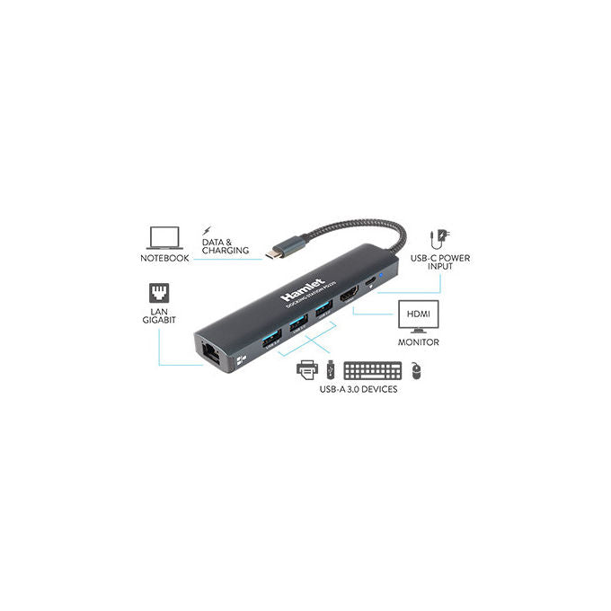 Hamlet HDKC-PD220 Docking Station USB-C Power Delivery 100W HDMI 4K 3840x2160 3xUSB-A Gigabit Ethernet colore Alluminio