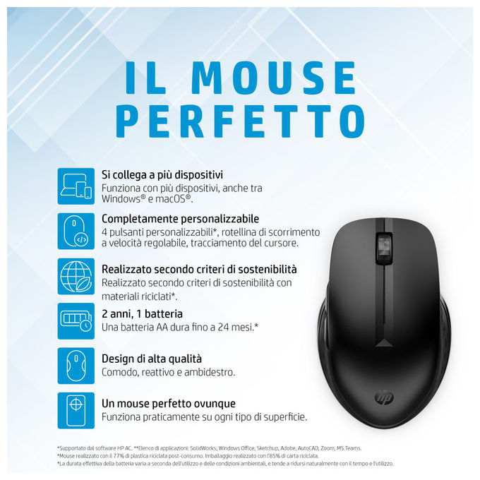 HP 3B4Q5UT Mouse Wireless Multi-Dispositivo 435 Ambidestro 4000 DPI RF Bluetooth 5 Tasti colore Nero