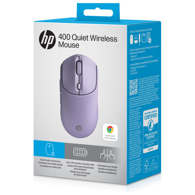 HP AZ7B7AA#ABB Mouse Wireless Silenzioso 400 Ambidestro Bluetooth 5.2 6000 DPI 5 Tasti Autonomia 24 Mesi colore Viola