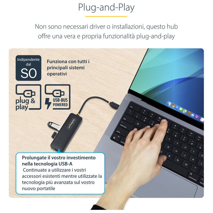StarTech.com H5C4A-USB-HUB Hub USB-C 4 Porte USB 3.0 5 Gbps Bus Powered PlugandPlay protezione sovracorrente colore Nero