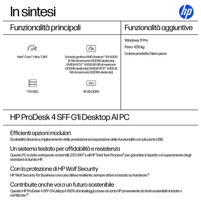 HP CK2H3ET ProDesk 4 SFF G1i PC Desktop AI Intel Core Ultra 7 265 16 GB DDR5 1 TB SSD NVMe Windows 11 Pro colore Nero