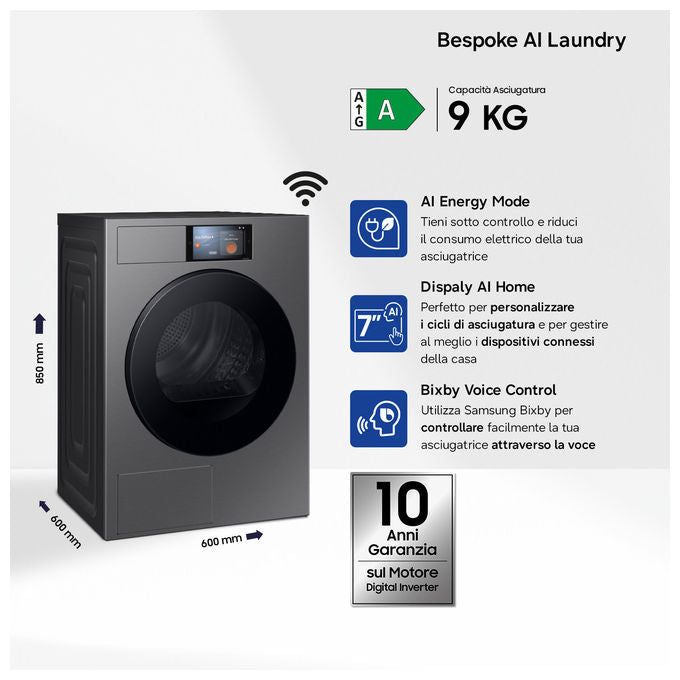 Samsung DV90F09F4SU3 Serie 9 Asciugatrice Pompa di Calore 9 Kg Classe A WiFi OptimalDry AI Energy (85x60x60 cm) colore Grafite