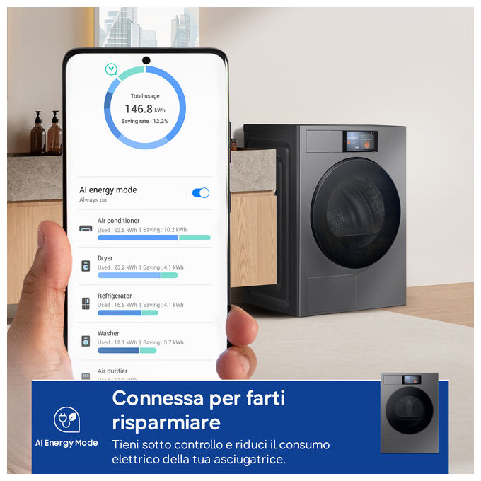 Samsung DV90F09F4SU3 Serie 9 Asciugatrice Pompa di Calore 9 Kg Classe A WiFi OptimalDry AI Energy (85x60x60 cm) colore Grafite