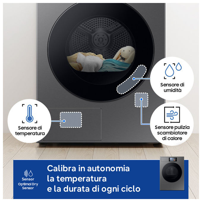 Samsung DV90F09F4SU3 Serie 9 Asciugatrice Pompa di Calore 9 Kg Classe A WiFi OptimalDry AI Energy (85x60x60 cm) colore Grafite