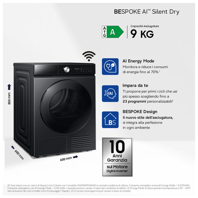 Samsung DV90DB8845GB Serie 8 Asciugatrice Pompa di Calore 9 Kg Classe A Wi-Fi AI Control QuickDrive (85x60x60 cm) colore Nero