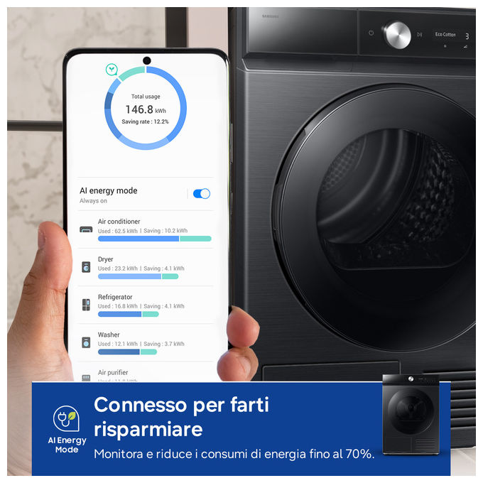 Samsung DV90DB8845GB Serie 8 Asciugatrice Pompa di Calore 9 Kg Classe A Wi-Fi AI Control QuickDrive (85x60x60 cm) colore Nero