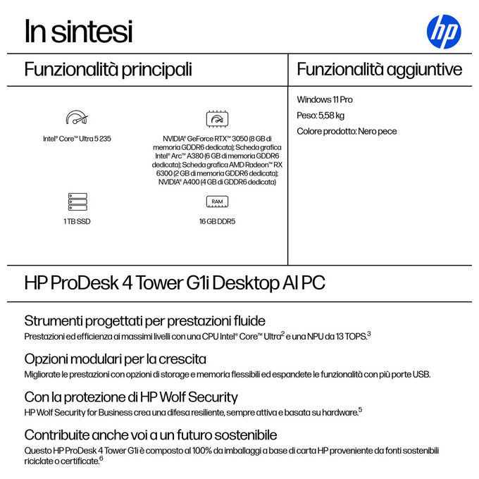 HP CK2H6ET ProDesk 4 Tower G1i PC Desktop AI Intel Core Ultra 5 235 16 GB DDR5 1 TB SSD NVMe Windows 11 Pro colore Nero