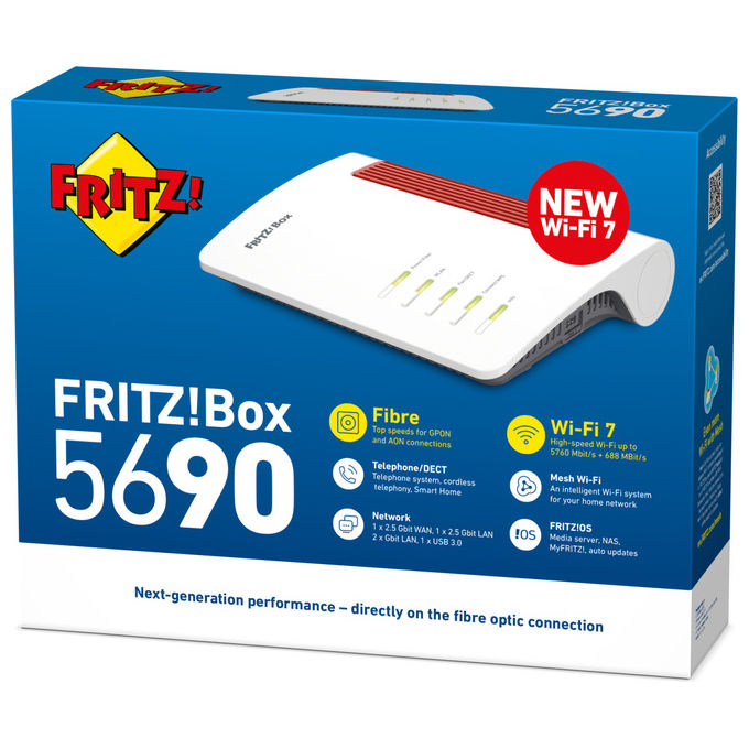 Fritz! 20003146 Fritz Box 5690 Router Wireless Wi-Fi 7 Dual Band 2.5 Gigabit Ethernet GPON 4 porte LAN colore Rosso Bianco