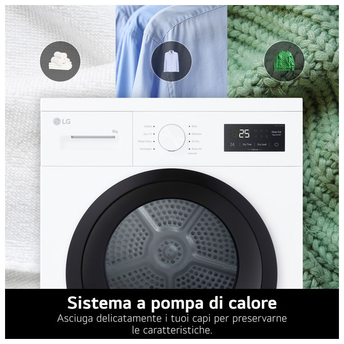 LG RNA1008NWK Asciugatrice Pompa di Calore 8 Kg Classe D 8 Programmi Sensore Asciugatura (85x60x60 cm) colore Bianco