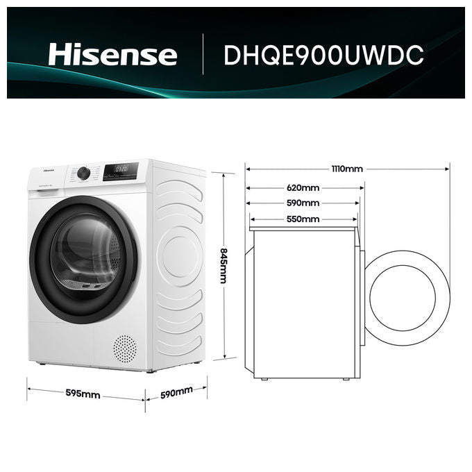 Hisense DHQE900UWDC Asciugatrice Pompa di Calore 9 Kg Classe D Inverter 15 Programmi 64 dB (85x60x59 cm) colore Bianco