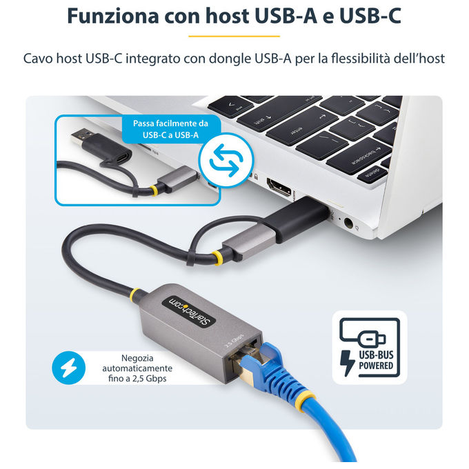 StarTech.com U2GA-USB-C-ETHERNET Adattatore di Rete USB-C a RJ45 2.5GbE NBASE-T con Adattatore USB-A incluso colore Grigio