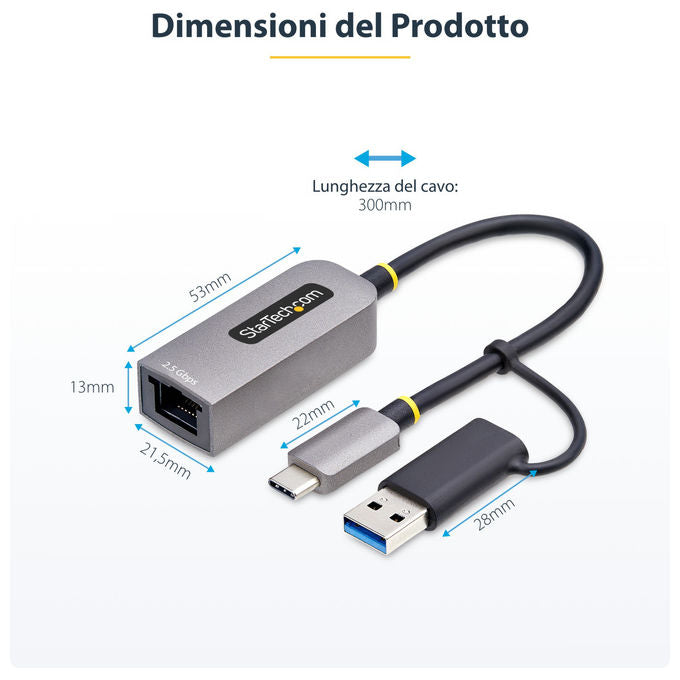 StarTech.com U2GA-USB-C-ETHERNET Adattatore di Rete USB-C a RJ45 2.5GbE NBASE-T con Adattatore USB-A incluso colore Grigio
