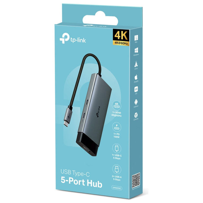 TP-Link UH5020C Hub USB Tipo-C 5 in 1 HDMI 4K 60Hz Power Delivery 100W 2 USB-A 5 Gbps 2 USB-C colore Grigio