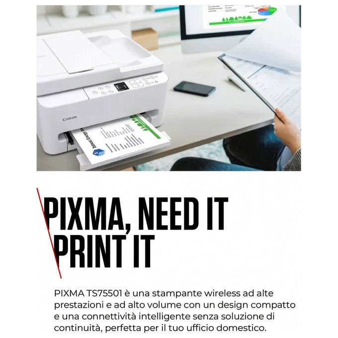 Canon PIXMA TS7550i Stampante Multifunzione Inkjet A4 1200x1200 DPI Wi-Fi Fronte Retro Automatico ADF Display OLED colore Bianco