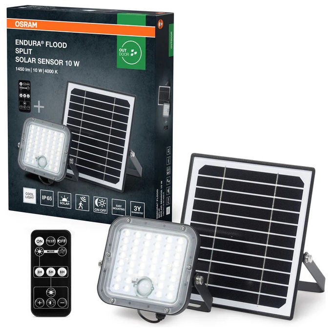 Osram 4099854429415 Endura Flood Split Solar Sensor Faretto LED da Esterno 10W 1400lm 4000K IP65 Telecomando Sensore PIR colore Nero