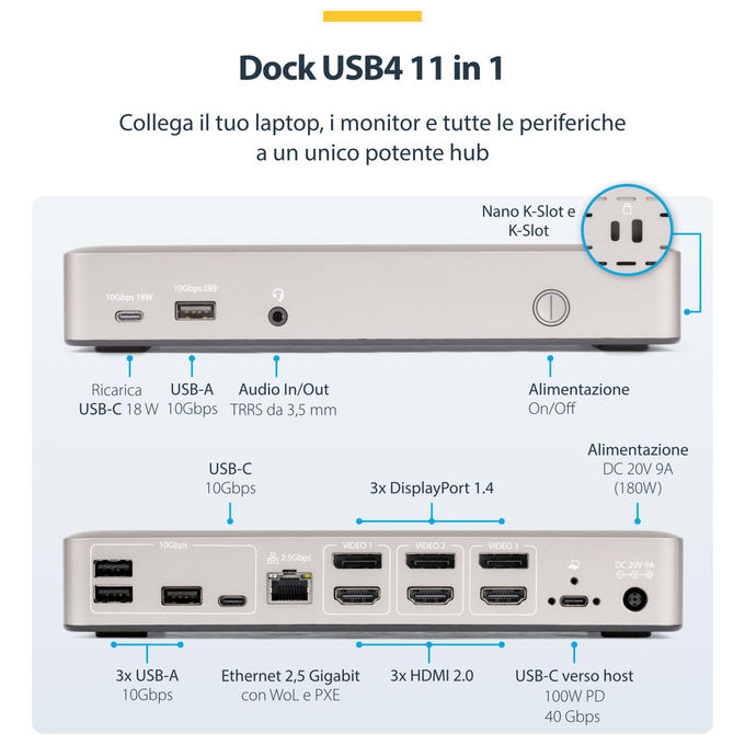 StarTech.com 150UE-USB4DOCKTRIPLE Docking Station USB4 3 Monitor 4K 60Hz HDMI DisplayPort Ethernet 2.5GbE Ricarica 100W colore Grigio