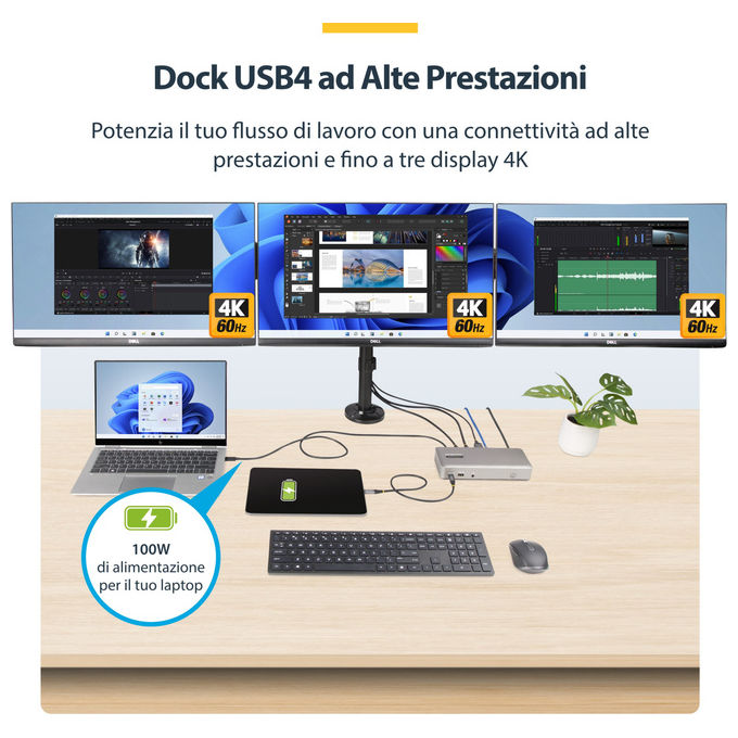 StarTech.com 150UE-USB4DOCKTRIPLE Docking Station USB4 3 Monitor 4K 60Hz HDMI DisplayPort Ethernet 2.5GbE Ricarica 100W colore Grigio