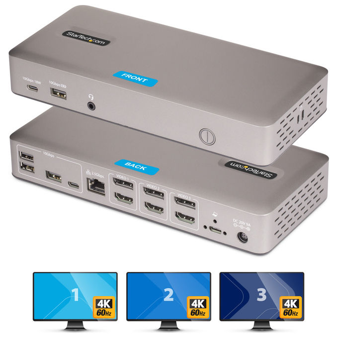 StarTech.com 150UE-USB4DOCKTRIPLE Docking Station USB4 3 Monitor 4K 60Hz HDMI DisplayPort Ethernet 2.5GbE Ricarica 100W colore Grigio