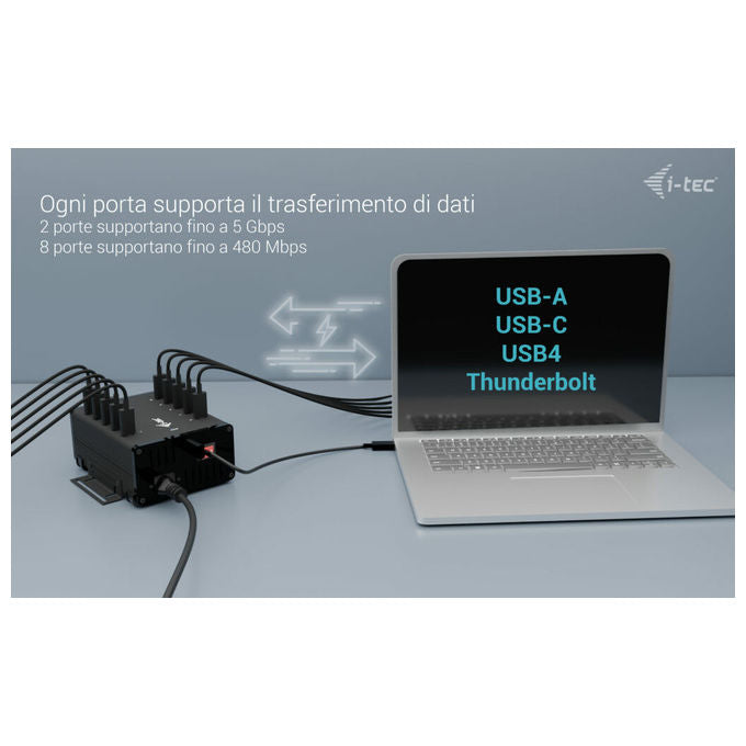 I-tec CACHRGHUB10C Hub USB-C USB-A 10 Porte Ricarica 15W per Porta 5 Gbps Adattatore Integrato 180W colore Nero