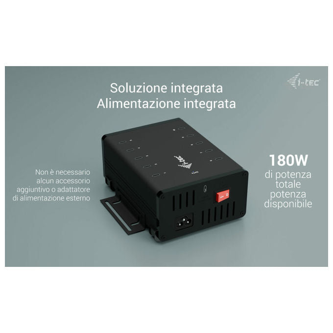I-tec CACHRGHUB10C Hub USB-C USB-A 10 Porte Ricarica 15W per Porta 5 Gbps Adattatore Integrato 180W colore Nero