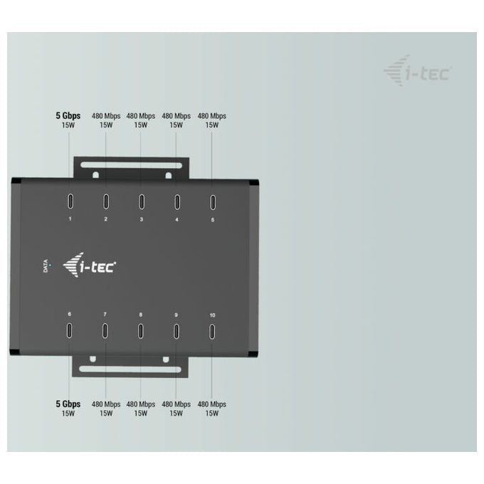 I-tec CACHRGHUB10C Hub USB-C USB-A 10 Porte Ricarica 15W per Porta 5 Gbps Adattatore Integrato 180W colore Nero
