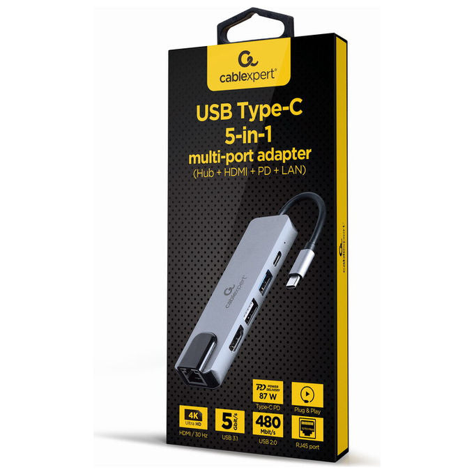 Gembird A-CM-COMBO5-04 Adattatore Multiporta USB-C 5 in 1 HDMI 4K PD 87W USB 3.2 Gen 1 LAN 100 Mbps colore Argento