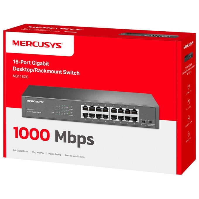 Mercusys MS116GS Switch Gigabit Ethernet 16 Porte Desktop Rack 32 Gbps Plug and Play colore Nero