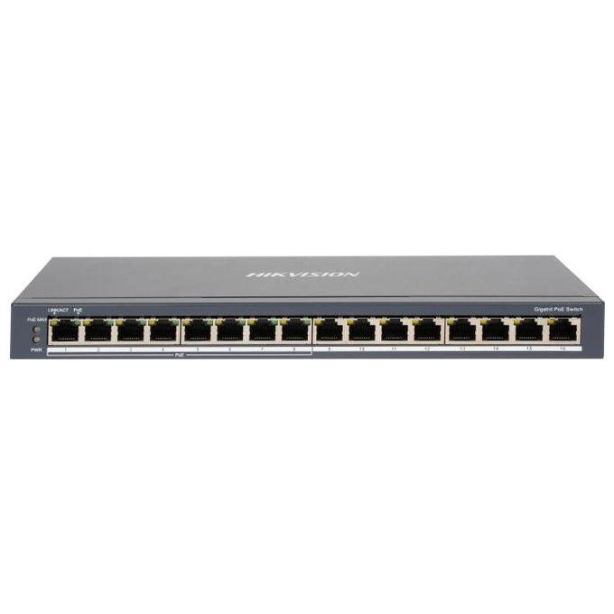 Hikvision DS-3E0516P-O Switch di Rete Non Gestito 16 Porte Gigabit 8 PoE+ 110W Case Metallico Desktop Wall-mounted