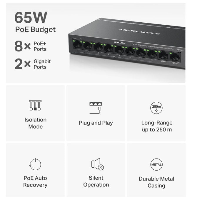 Mercusys MS110CP Switch di Rete 10 Porte 8x PoE+ 10-100 Mbps 2x Gigabit Budget PoE 65W colore Grigio