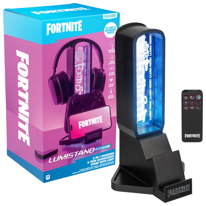 Paladone 14509 Fortnite Supporto Cuffie 3 in 1 LED RGB 2 Porte USB-C Supporto Controller e Telefono 30 cm