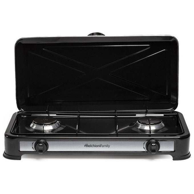 Melchioni Family 118360124 MINERVA 2 Fornello a Gas Portatile 2 Fuochi GPL Acciaio Smaltato colore Nero