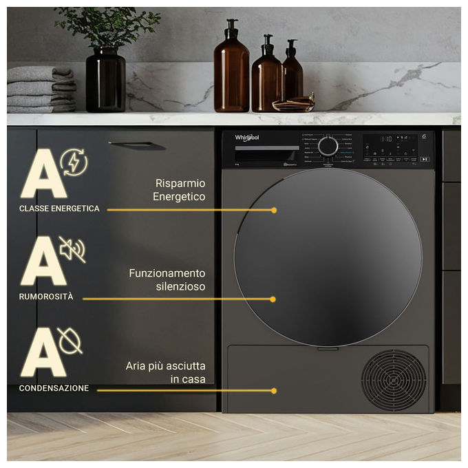 Whirlpool C WD 96M GBS IT Asciugatrice Pompa di Calore 9 Kg Classe A Wi-Fi 6° Senso 15 Programmi (85x60x67 cm) colore Manhattan Grey